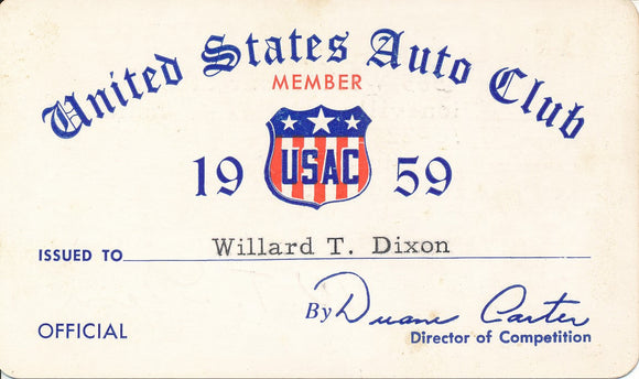 1959 United States Auto Club USAC Official Willard T. Dixon Credential