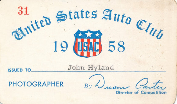 1958 United States Auto Club USAC Photographer John Hyland Credential