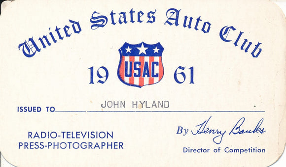 1961 United States Auto Club USAC Photographer John Hyland Credential