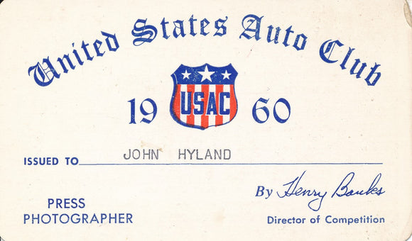 1960 United States Auto Club USAC Press Photographer John Hyland Credential