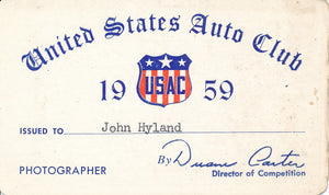 1959 United States Auto Club USAC Photographer John Hyland Credential