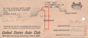 1980 United States Auto Club USAC Race Permit David Vaughn Receipt