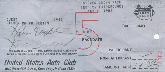 1982 United States Auto Club USAC Silver Crown Race Permit Russ D. Receipt