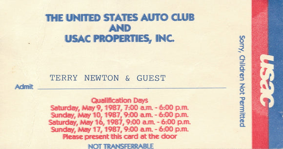 1987 United States Auto Club USAC Terry Newton Indy 500 Qualification Ticket