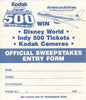 1988 Indianapolis 500 Disney World, Indy 500 Tickets & Kodak Cameras Official Sweepstakes Entry Form