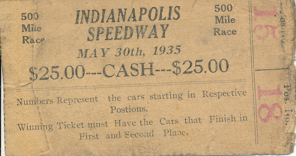 1935 Indianapolis Speedway 500 Mile Race $25 Lottery Ticket