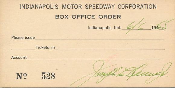 1955 Indianapolis Motor Speedway Corporation Box Office Order