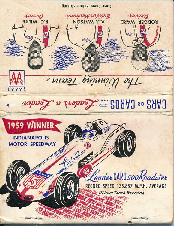 1959 Rodger Ward Leader Card Indianapolis 500 Winner Matchbook Cover