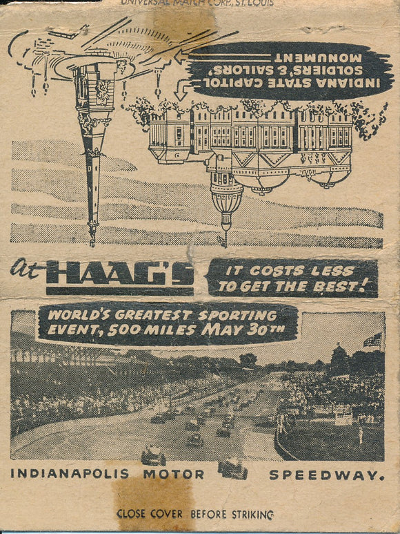 Haag's Drug Stores Indianapolis Motor Speedway Matchbook Cover