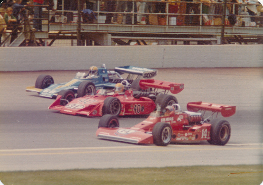 1974 Indianapolis 500 Front Row Photograph. Warm-up lap A.J. Foyt, Wally Dallenbach 7 Mike Hiss