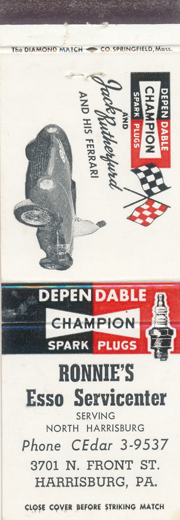 Jack Rutherfurd and his Ferrari Champion Spack Plugs Ronnie's Esso Servicecenter Matchbook Cover