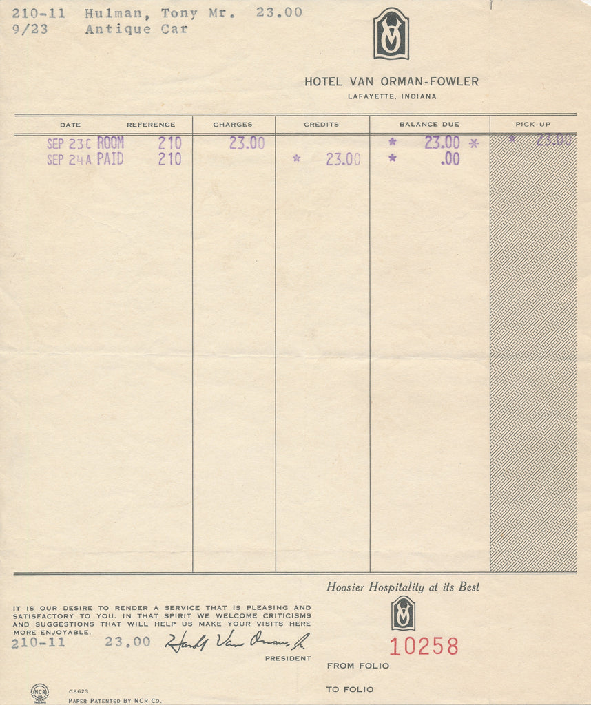 Hotel Van Orman-Fowler Reciept for Tony Hulman