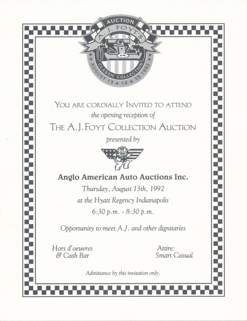 1992 A.J. Foyt's Classic Collection Auction Opening Reception Invitation