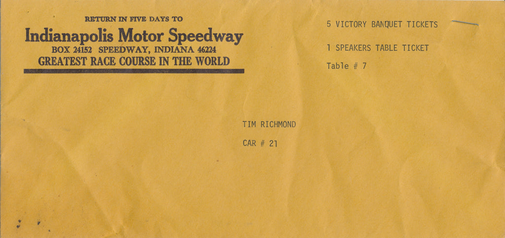 1980 Indianapolis 500 Victory Banquet Ticket Envelope addressed to Tim Richmond (Envelope is empty, no tickets are included)