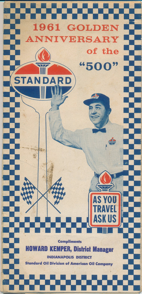 1961 Indianapolis Motor Speedway Foldable Map and Information Pamphlet Compliments of Howard Kemper Standard Oil