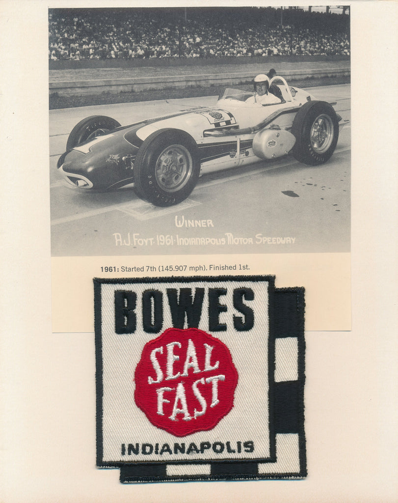 A.J. Foyt 1961 Photograph and Bowes Seal Fast Indianapolis Bowes Seal Fast Patch secured to backer board.