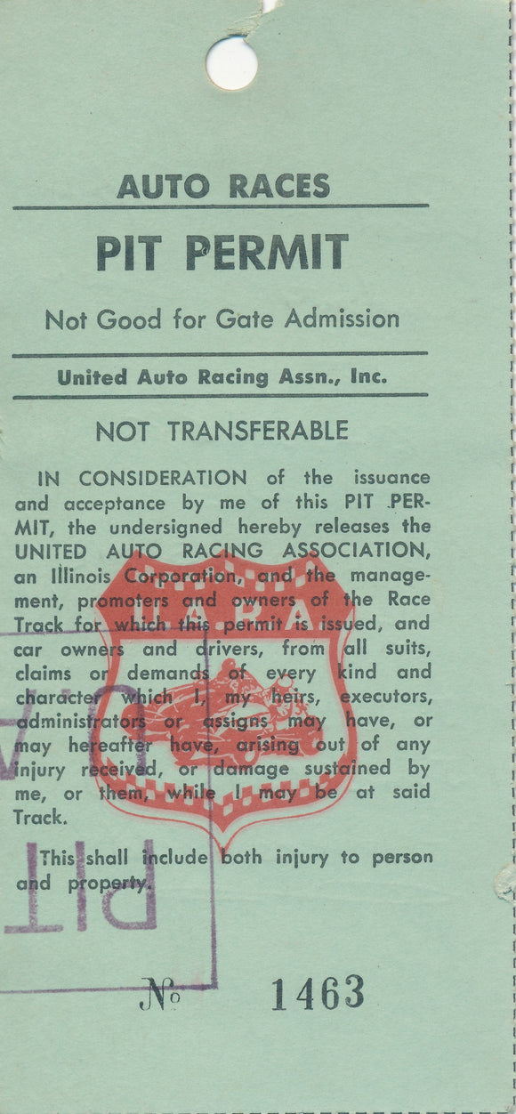 1968 USAC Auto Races Pit Permit. Handwritten on the back IOU from Soldiers Field.