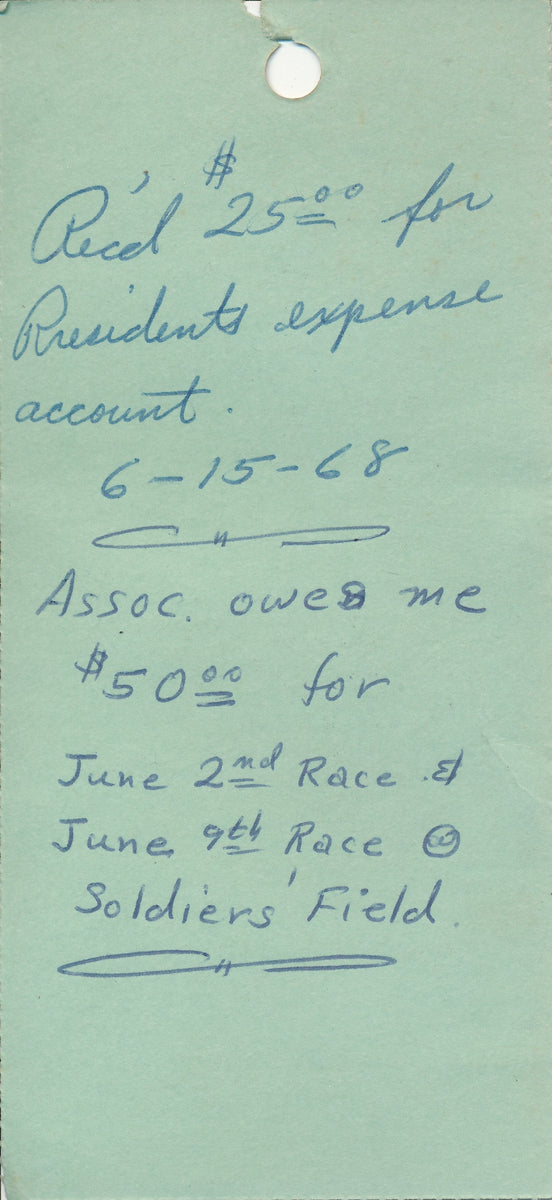 1968 USAC Auto Races Pit Permit. Handwritten on the back IOU from Sold ...