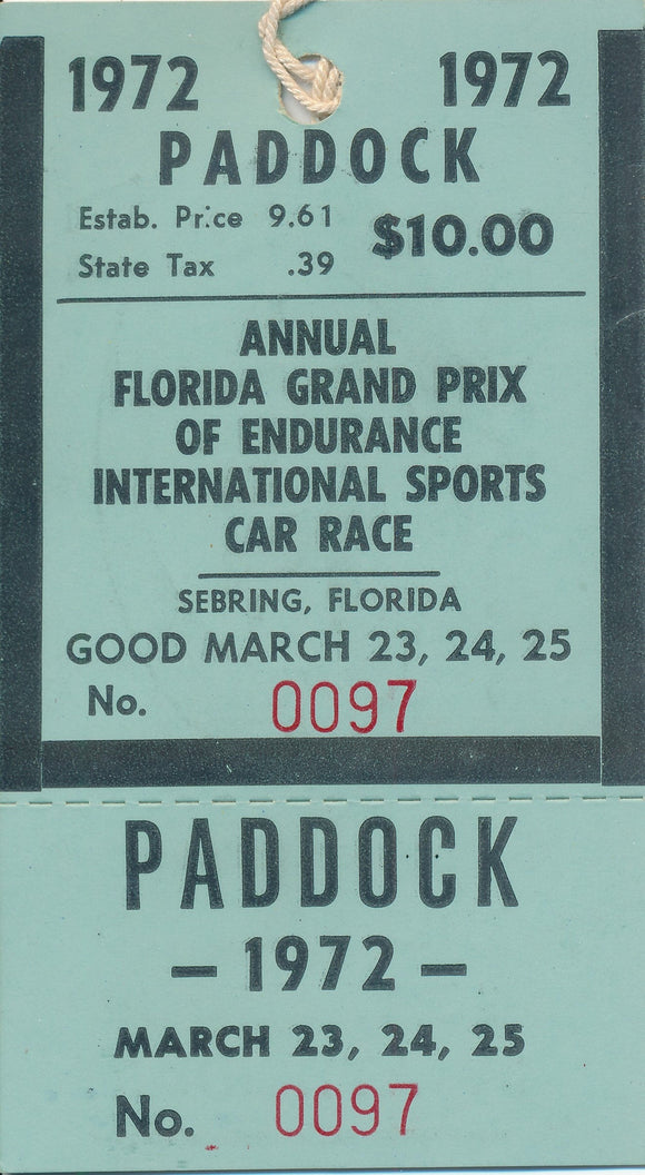 1972 Annual Florida Grand Prix of Endurance International Sports Car Race Paddock Credential