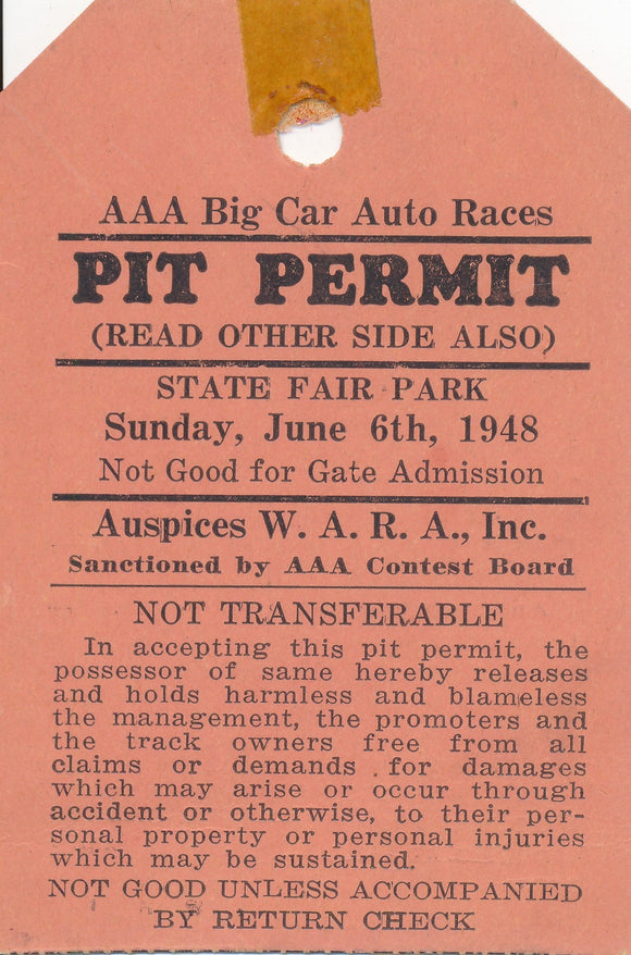 1948 AAA Big Car Auto Races State Fair Park Pit Permit