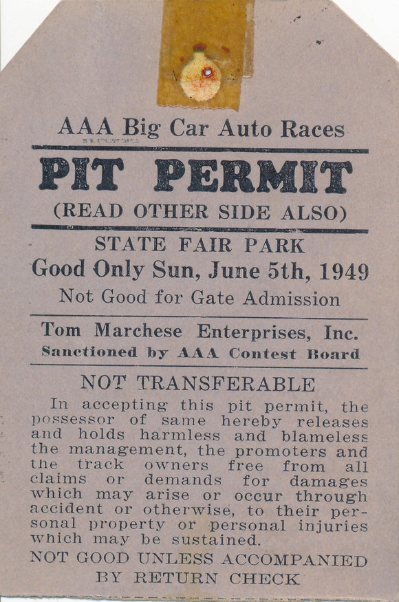 1949 AAA Big Car Auto Races State Fair Park Pit Permit