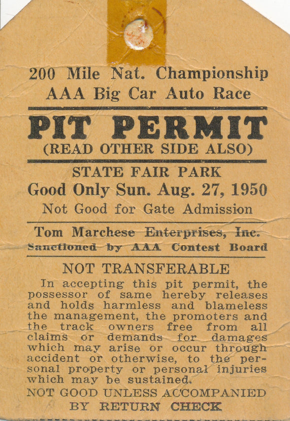 1950 200 Mile National Championship AAA Big Car Auto Races State Fair Park Pit Permit