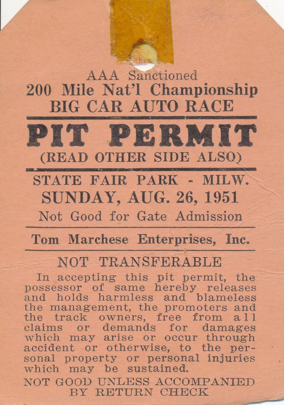 1951 200 Mile National Championship AAA Big Car Auto Races State Fair Park Pit Permit