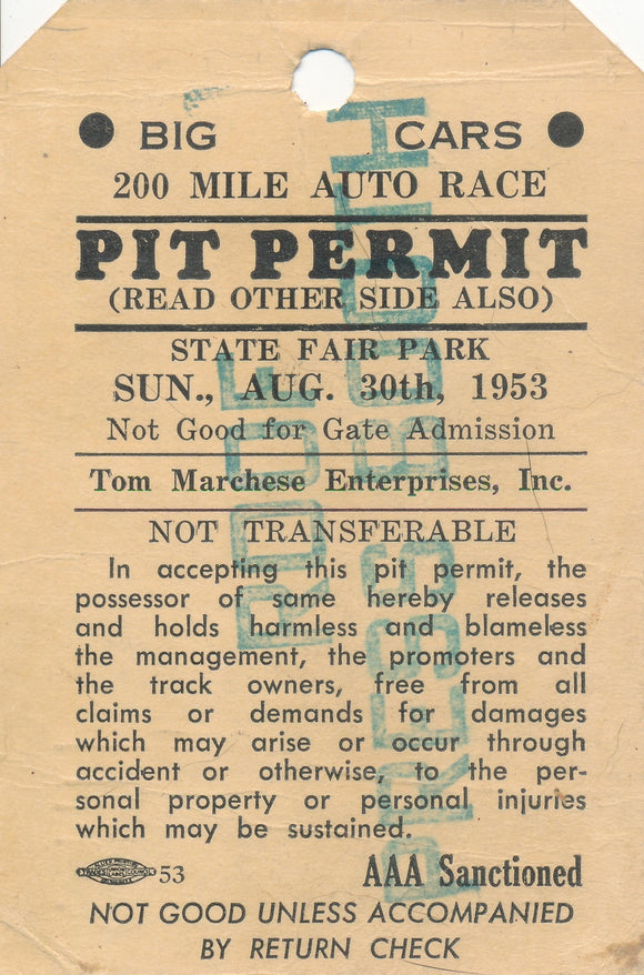 1953 200 Mile National Championship AAA Big Car Auto Races State Fair Park Pit Permit