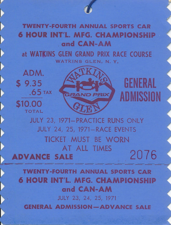 1971 24th Annual Sports Car 6 Hour International MFG. Championship and CAN-AM Watkins Glen Grand Prix General Admission Ticket