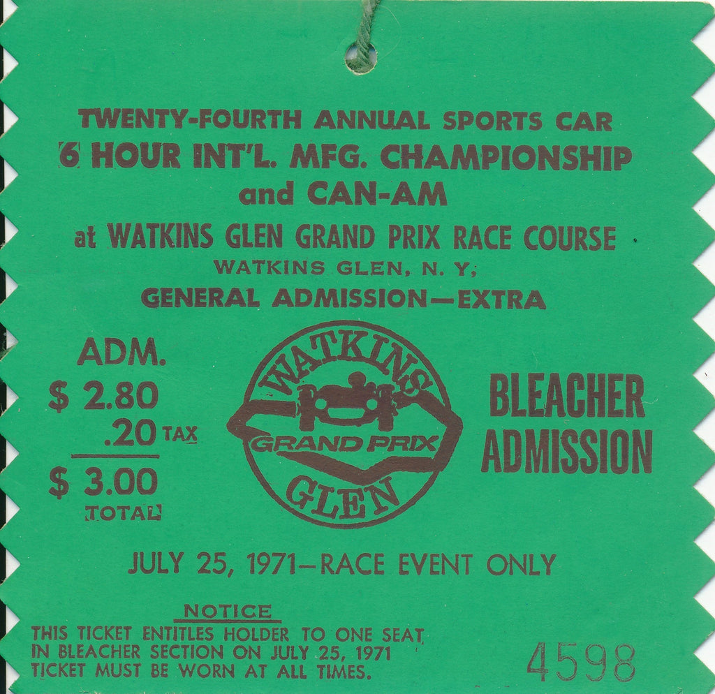 1971 24th Annual Sports Car 6 Hour International MFG. Championship and CAN-AM Watkins Glen Grand Prix Bleecher Admission Ticket