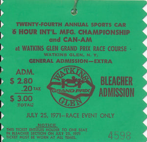 1971 24th Annual Sports Car 6 Hour International MFG. Championship and CAN-AM Watkins Glen Grand Prix Bleecher Admission Ticket