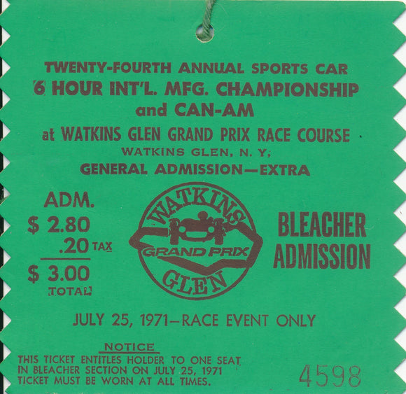 1971 24th Annual Sports Car 6 Hour International MFG. Championship and CAN-AM Watkins Glen Grand Prix Bleecher Admission Ticket