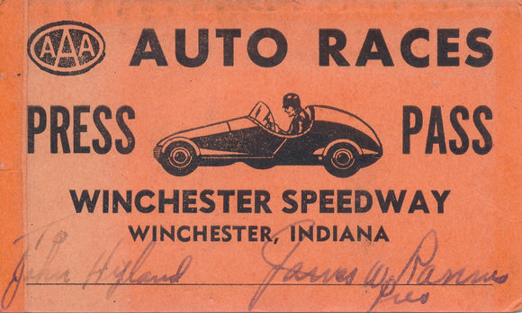 AAA Auto Races Winchester Speedway John Hyland Press Pass