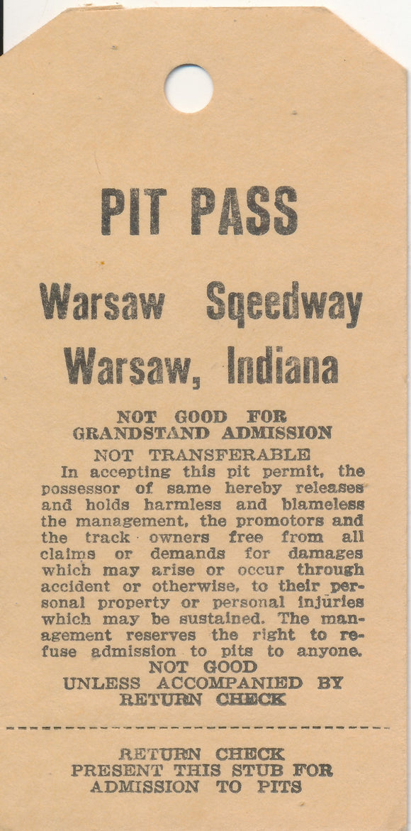 Warsaw Speedway Pit Pass