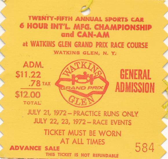 1972 25th Annual Sports Car 6 Hour International MFG. Championship and CAN-AM Watkins Glen Grand Prix General Admission Ticket