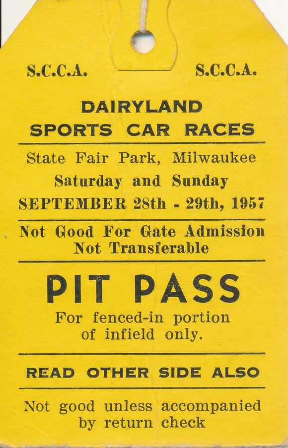 1957 SCCA Dairyland Sports Car Races State Fair Milwaukee Pit Pass