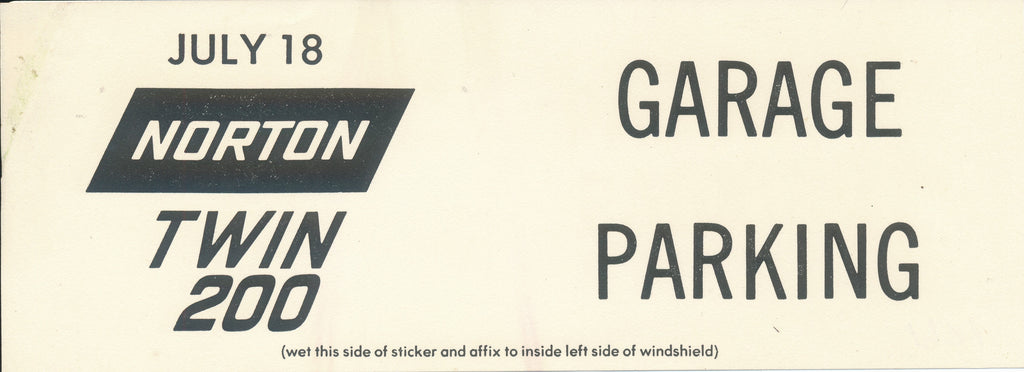 1971 Michigan International Speedway Speedway Norton Twin 200 Garage Parking Pass