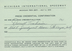 1970 Michigan International Speedway Darrell Tomlinson Press Credential