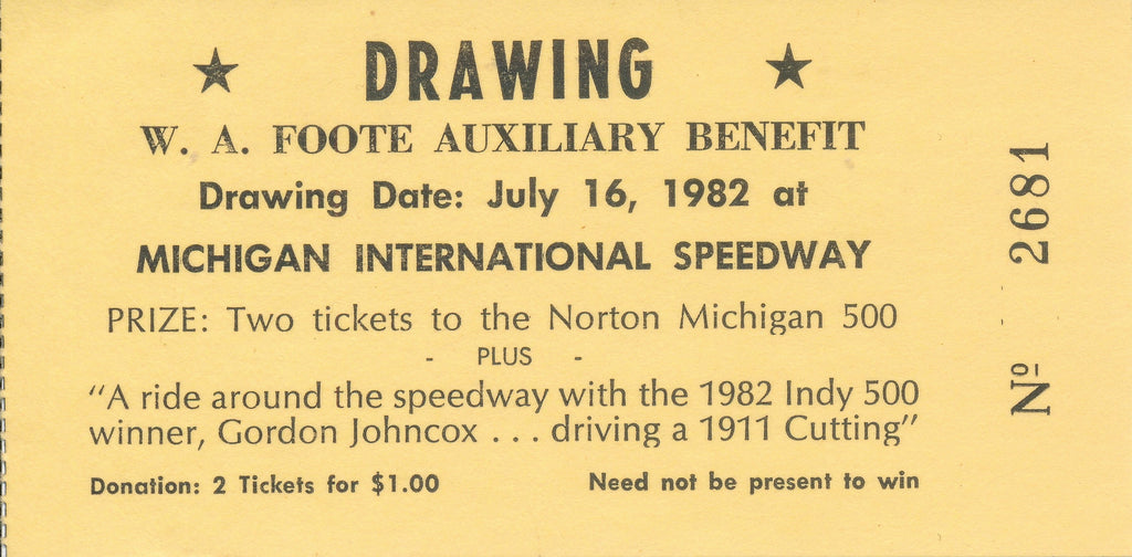 1982 W. A, Foote Raffle Ticket at Michigan International Speedway