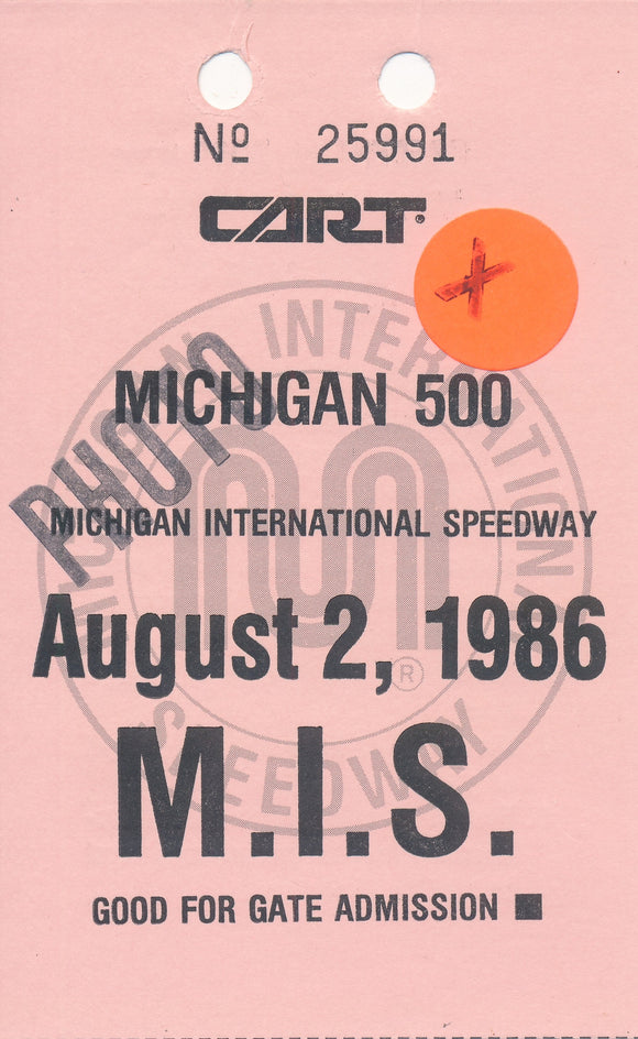 1986 Michigan 500 Michigan International Speedway Photo Credential