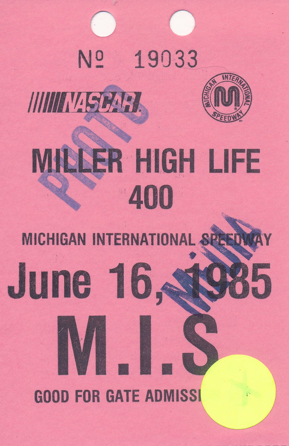 1985 Miller High Life 400 Michigan International Speedway Photo Credential