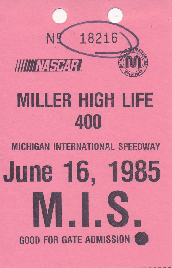 1985 Miller High Life 400 Michigan International Speedway Photo Credential