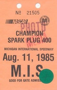 1985 Champion Spark Plug 400 Michigan International Speedway Photo Credential