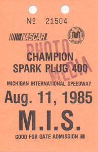 1985 Champion Spark Plug 400 Michigan International Speedway Photo Credential