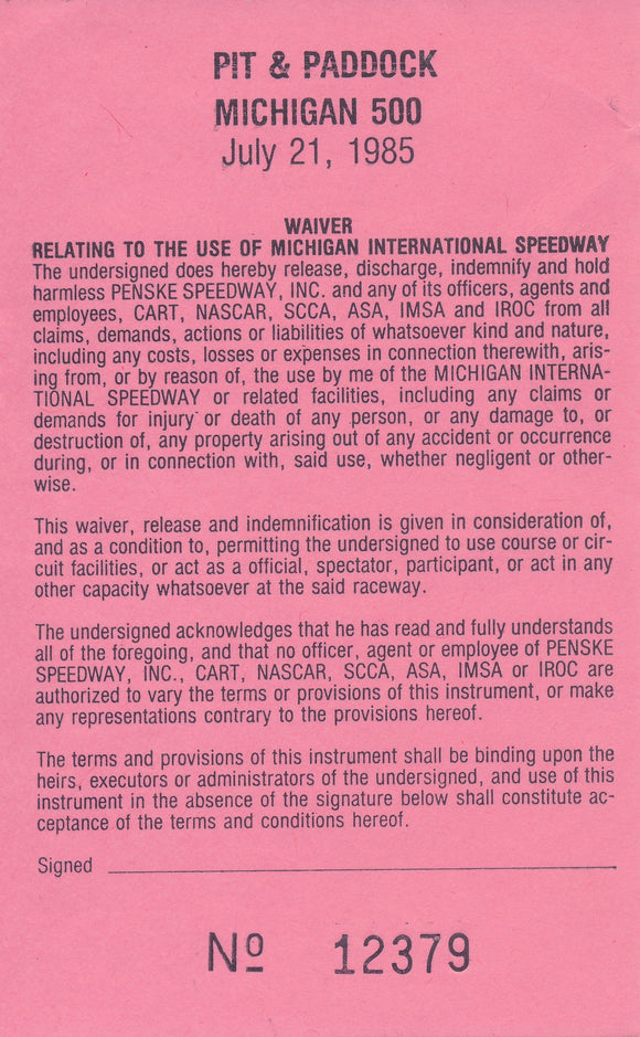 1985 Michigan International Speedway Photo Credential Waiver