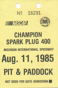 1985 Champion Spark Plug 400 Michigan International Speedway Photo Credential