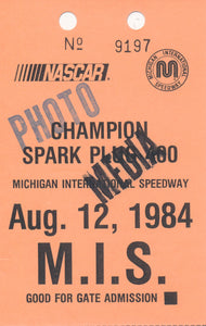 1984 Champion Spark Plug 400 Michigan International Speedway Photo Credential