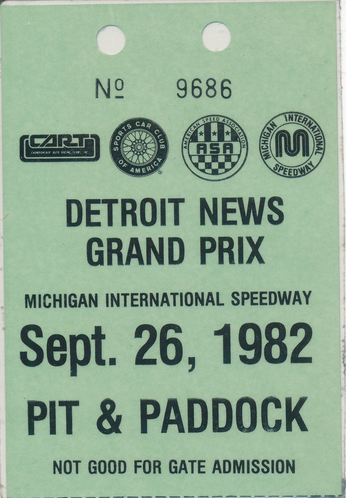 1982 Laminated Detroit News Grand Prix Michigan International Speedway Pit & Paddock Credential