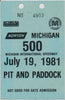 1981 Laminated Michigan 500 Michigan International Speedway Pit and Paddock Credential