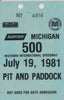 1981 Laminated Michigan 500 Michigan International Speedway Pit and Paddock Credential